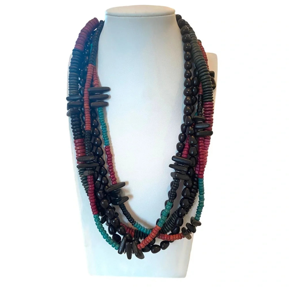 Wooden tribal multi strand multicolor necklace black red 11”